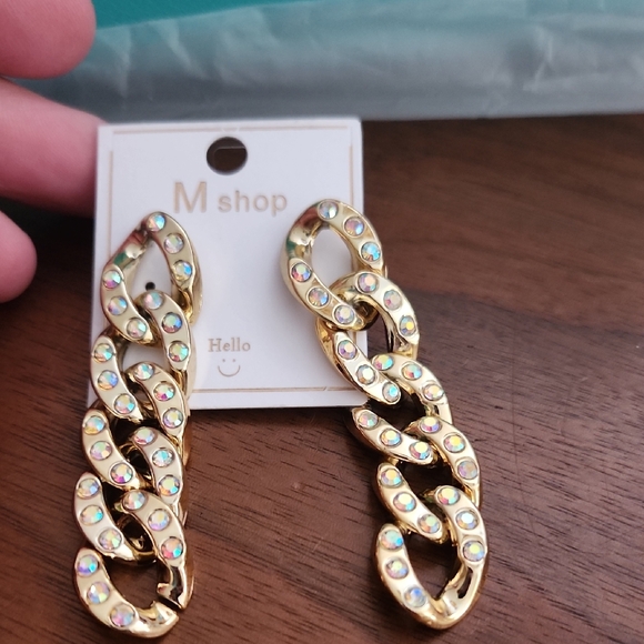 Fashion Jewelry Gold Chain Earrings with Iridescent Details - Picture 1 of 1